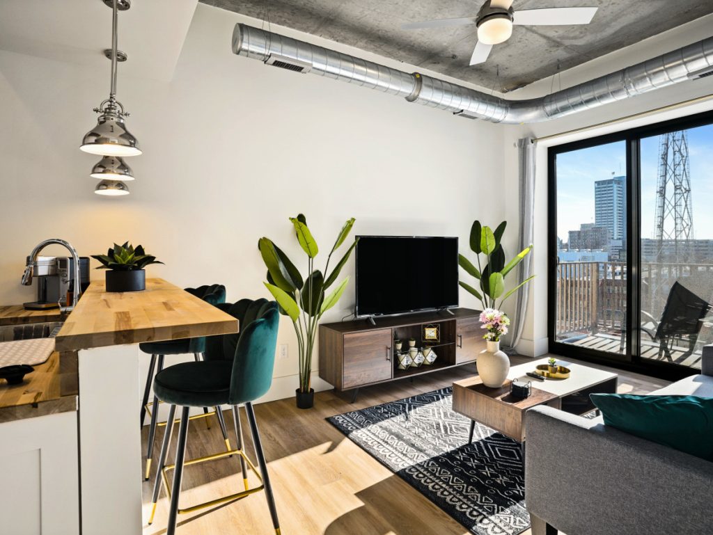 Living room of a Venture Michiana apartment in downtown South Bend